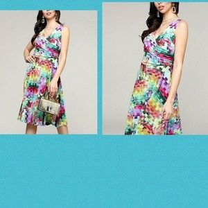 LBISSE "TEAL& PURPLE ABSTRACT PRINT SLEEVELESS SURPLICE" DRESS~MEDIUM